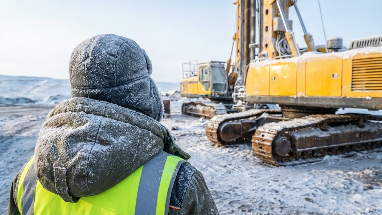 Engenheiro observando escavadeiras congeladas na paisagem da Sibéria.