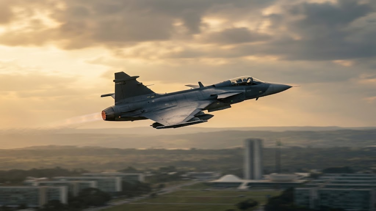 Caça F-39 Gripen voando em alta velocidade sobre o céu dourado do Cerrado e Brasília.