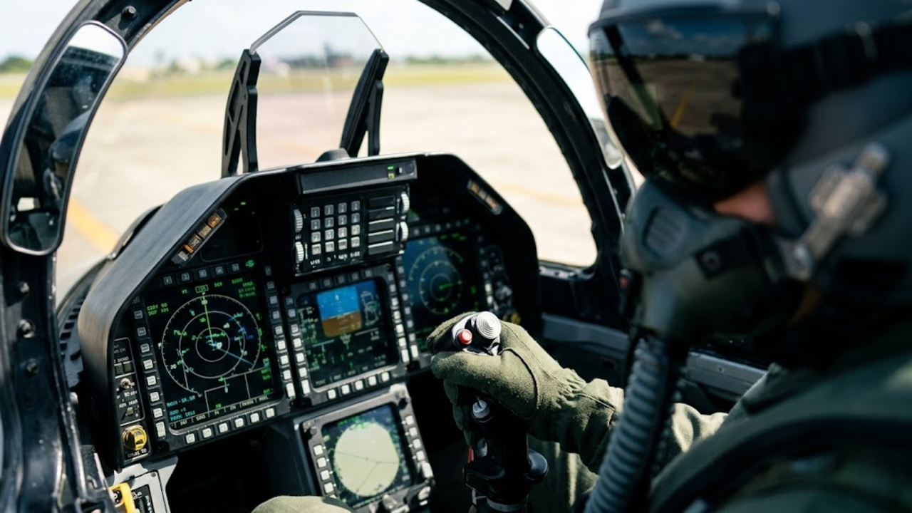 Visão em primeira pessoa da mão do piloto no manche sobre os painéis digitais do caça.