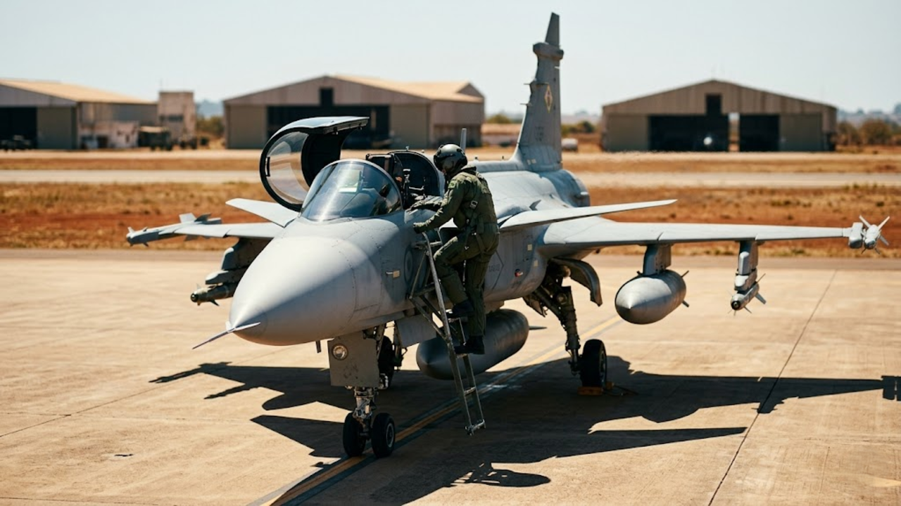 Piloto militar subindo a escada para entrar na cabine do caça Gripen na pista ensolarada.