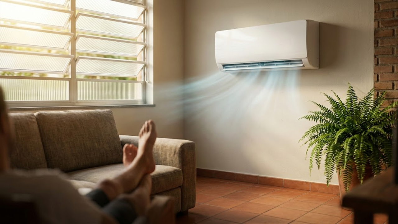 Aparelho de ar moderno e discreto resfriando uma sala brasileira banhada pelo sol.