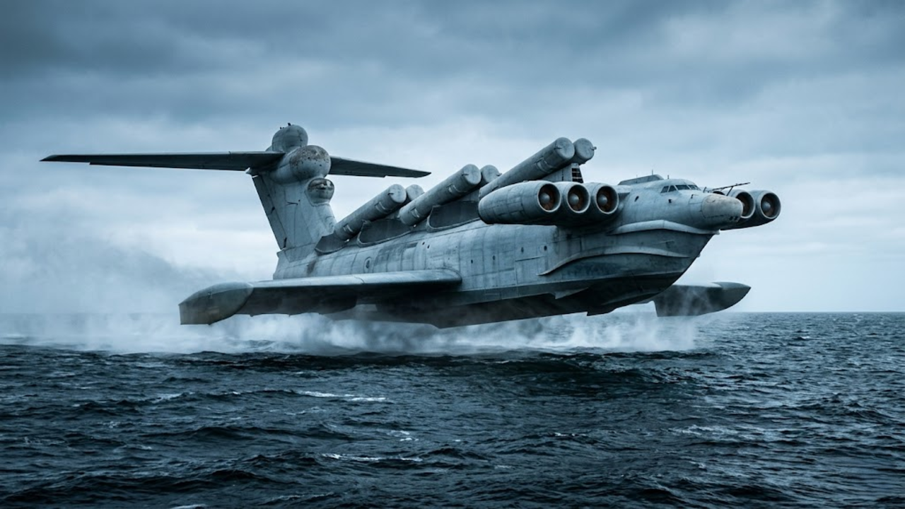 O Monstro do Mar Cáspio voando rente à água com seus oito motores a jato.