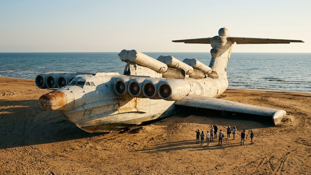 O gigante soviético aposentado na areia da praia de Derbent sob o pôr do sol.