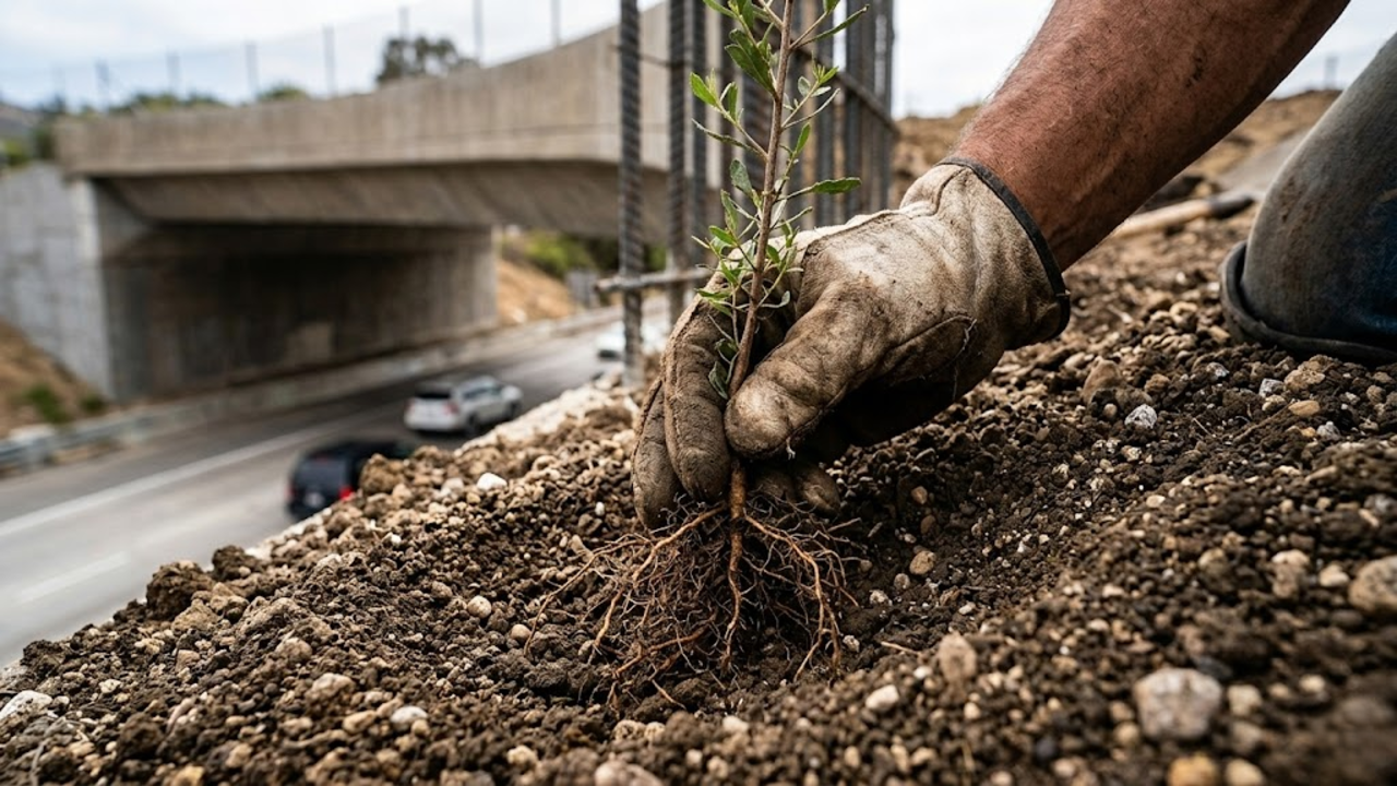 Mão com luva planta muda nativa no solo do ecoduto em construção