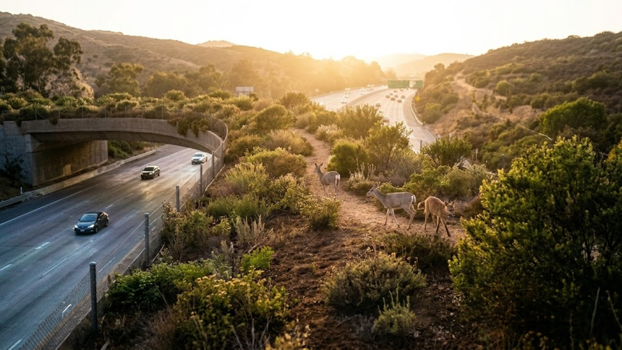 Animais silvestres usam a travessia vegetada em amplo amanhecer