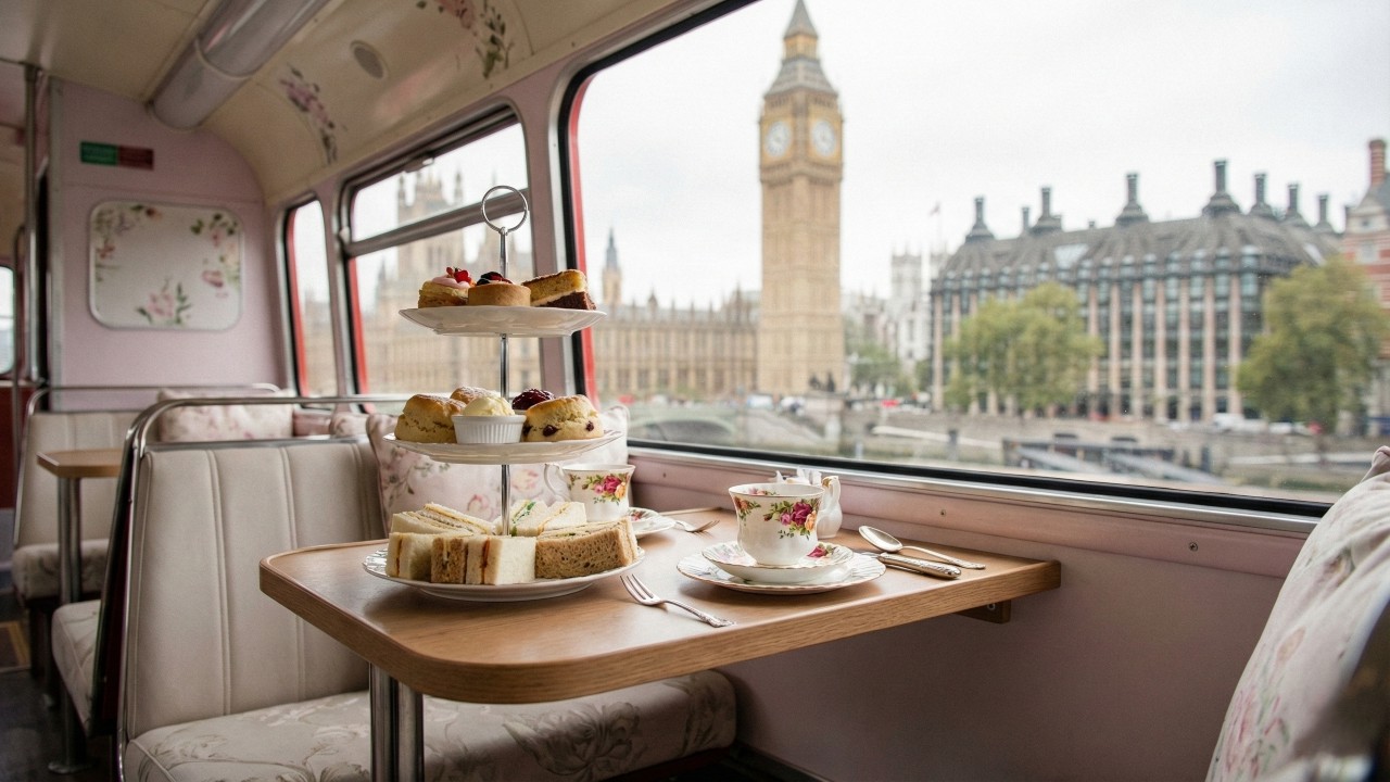 Chá da tarde em movimento: o ônibus de dois andares em Londres que serve bolos finos e champanhe enquanto passa pelo Big Ben