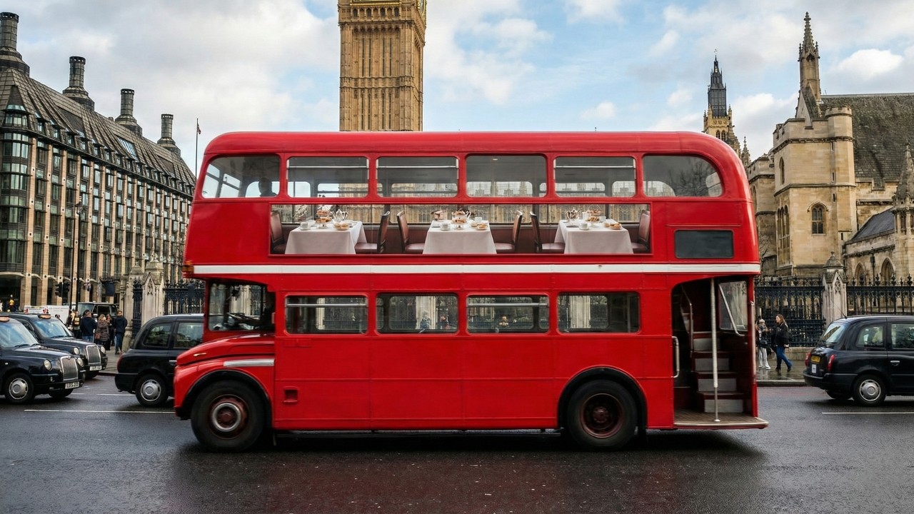 Chá da tarde em movimento: o ônibus de dois andares em Londres que serve bolos finos e champanhe enquanto passa pelo Big Ben
