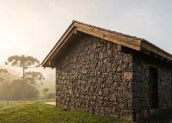 Em vez de tijolos ou concreto, ele usou as pedras ferro da região e madeira da própria propriedade para erguer uma casa rústica e sustentável