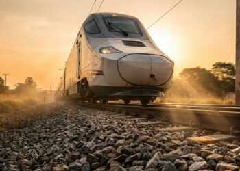 Trem veloz sobre pedras sob luz dourada (imagem ilustrativa)