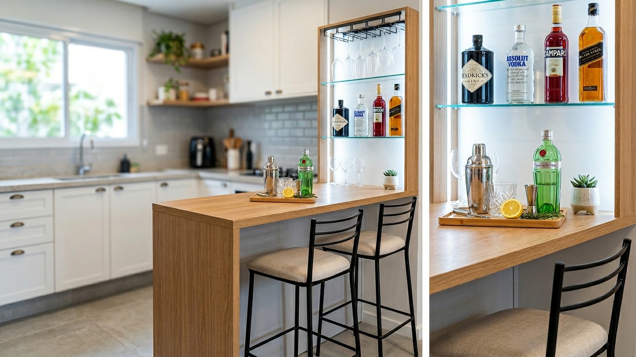 Aprenda como construir um bar em cozinhas pequenas sem perder a circulação e espaço do ambiente