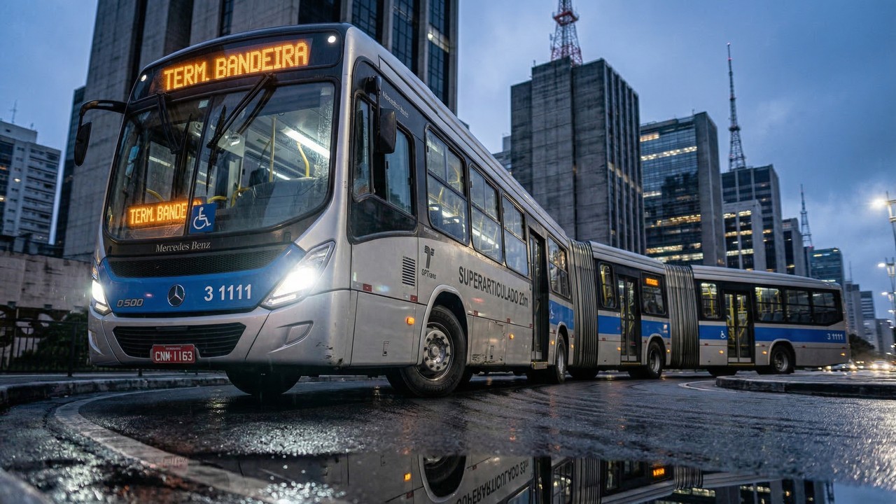O gigante Mercedes-Benz O 500 Superarticulado de 23 metros leva 210 pessoas e conta com eixo traseiro direcional que facilita manobras em ruas estreitas