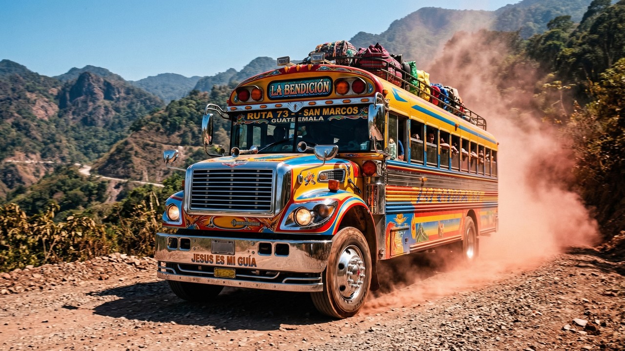 Com suas cores vibrantes e motores de 1990, os antigos ônibus escolares americanos ganham vida na Guatemala, tornando-se ícones da cultura local