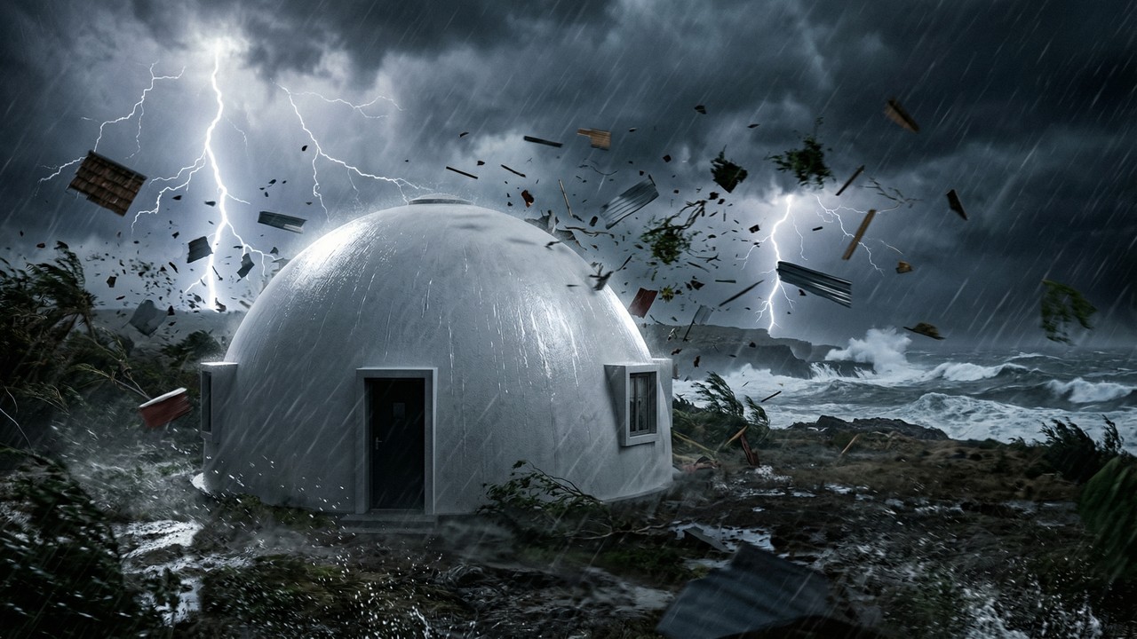 A casa em forma de cúpula feita com uma camada fina de betão que sobrevive ao impacto direto de tornados e furacões