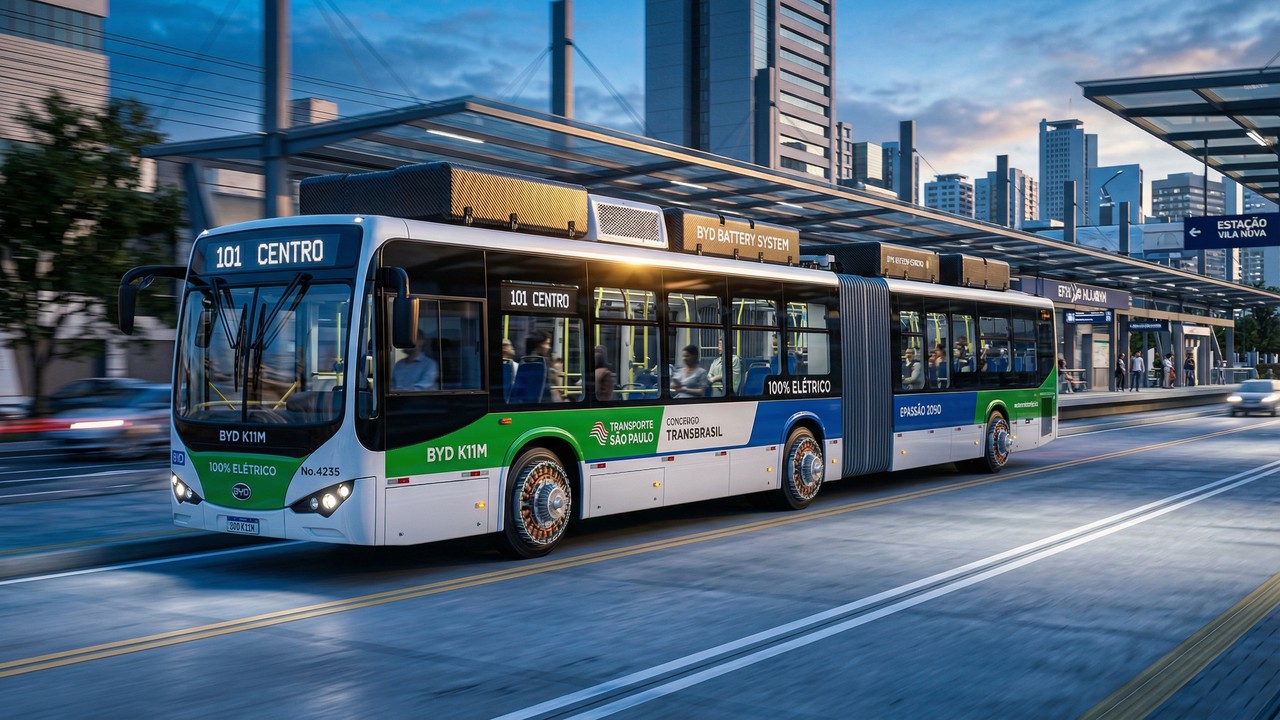 Equipado com baterias de ferro-lítio e motor de 500 cavalos o biarticulado elétrico da gigante chinesa transporta 180 passageiros com emissão zero em sistemas modernos de BRT