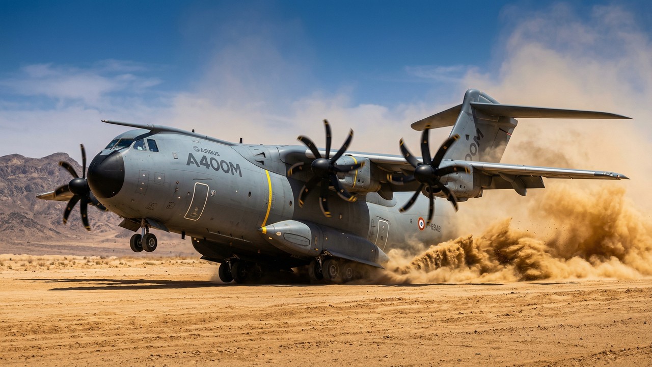 O colosso voador europeu de 4 motores que consegue pousar as suas 141 toneladas na areia fofa do deserto sem atolar