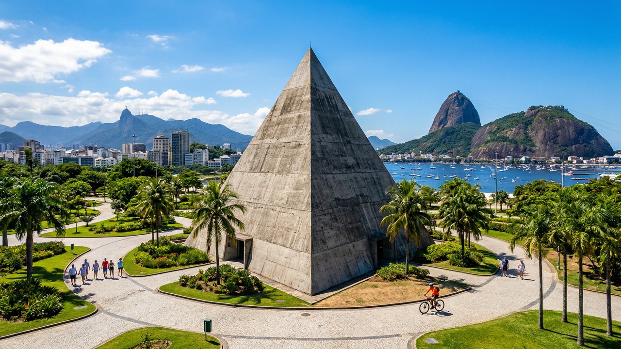 Com seu formato de pirâmide e projetado por Lucio Costa em 1973, o monumento no Aterro tornou-se o marco da fundação da cidade do Rio de Janeiro