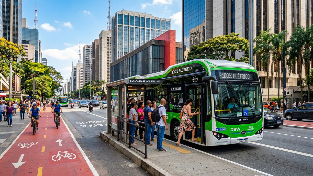 O ônibus 100 por cento elétrico BYD D9W consegue rodar 250 quilômetros diários com zero emissão de fumaça nas capitais brasileiras