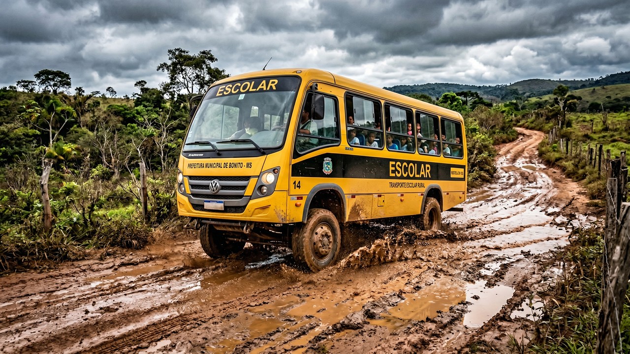 Atravessar trechos de lama e rios com suspensão reforçada é a missão do ônibus escolar Volkswagen ORE 3, que garante o transporte de 59 alunos nas áreas rurais mais remotas do Brasil em 2026