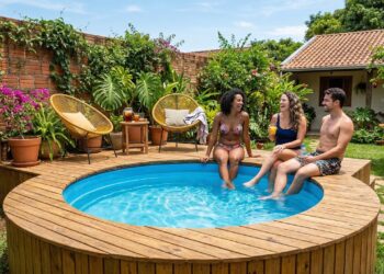 Esqueça a piscina de fibra: essa piscina de caixa d'água com deck de pinus salva o seu verão gastando pouco