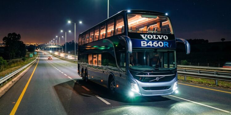 O imponente ônibus da Volvo, com quatro eixos, esconde um tanque de 800 litros que faz o gigante de 15 metros cruzar mais de 1.500 km sem precisar abastecer na estrada