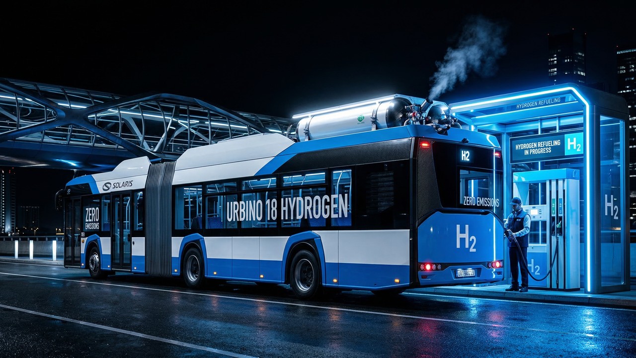 O futurista ônibus Solaris Urbino 18 a hidrogênio armazena 50 kg de gás no teto e transporta 140 passageiros por 350 km emitindo apenas vapor de água