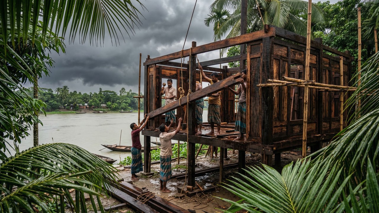 Carpinteiros de Bangladesh constroem casas pré-fabricadas que podem ser desmontadas e remontadas em um dia