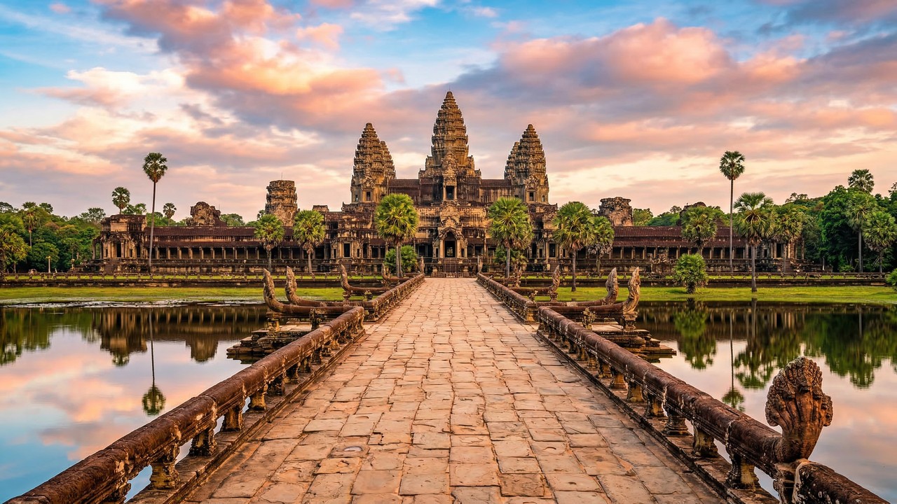 Com 162 hectares e cercado por um fosso gigante, o templo de Angkor Wat, do século XII, tornou-se a maior estrutura religiosa já construída no mundo