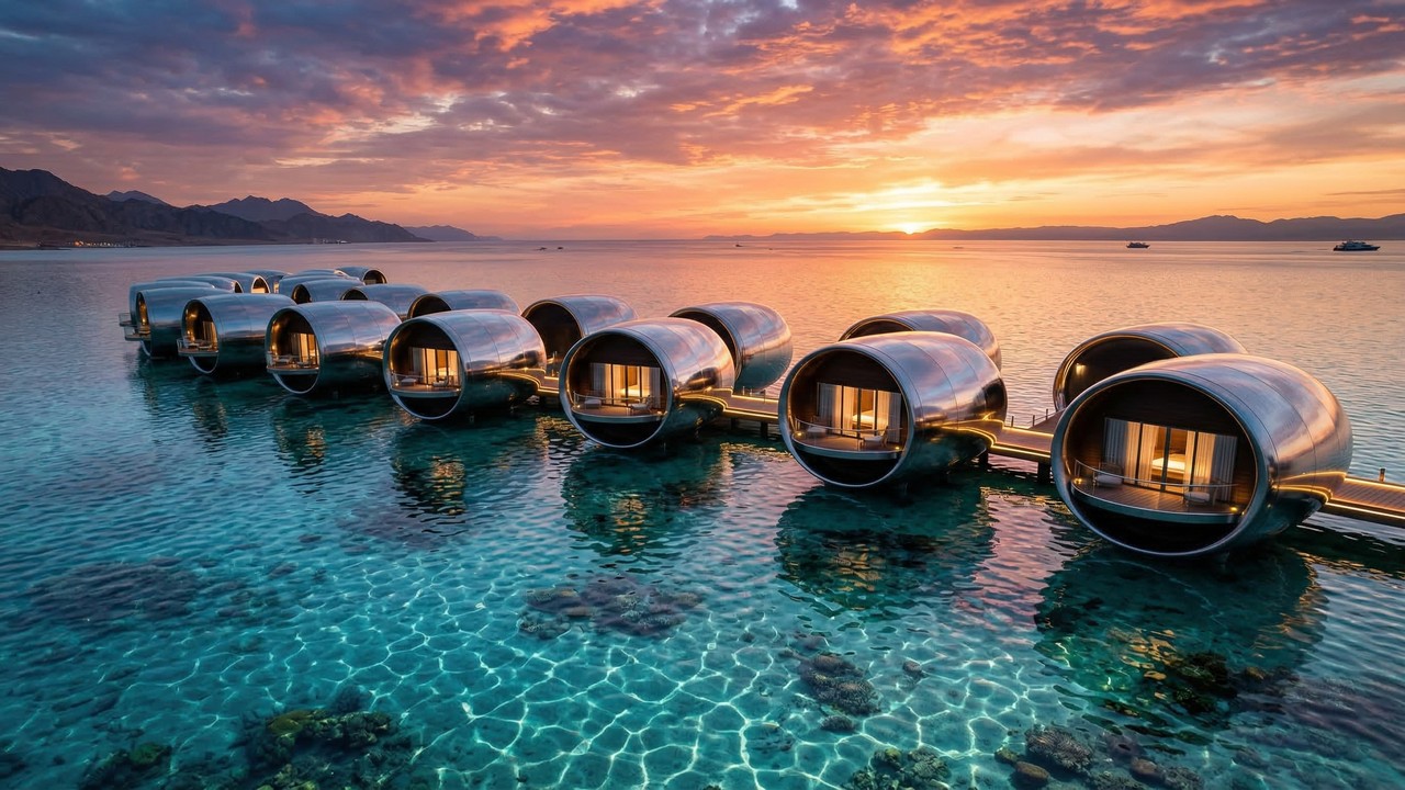 Com vilas de aço inoxidável e energia 100% solar, o Shebara Resort custa US$ 7.200 e redefine o luxo futurista e sustentável no Mar Vermelho