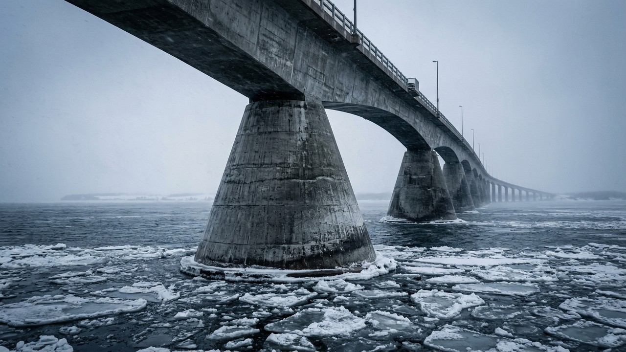 Com 12,9 km de extensão sobre águas congeladas, a ponte canadense, de 1997, tornou-se a maior travessia do mundo sobre gelo e um marco da engenharia