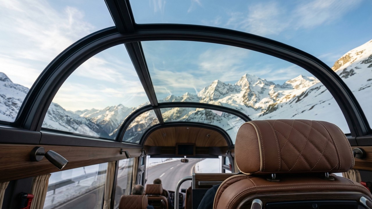 O icônico modelo de dois andares Neoplan Skyliner leva 83 turistas com teto panorâmico de vidro e utiliza suspensão inteligente para evitar oscilações em alta velocidade