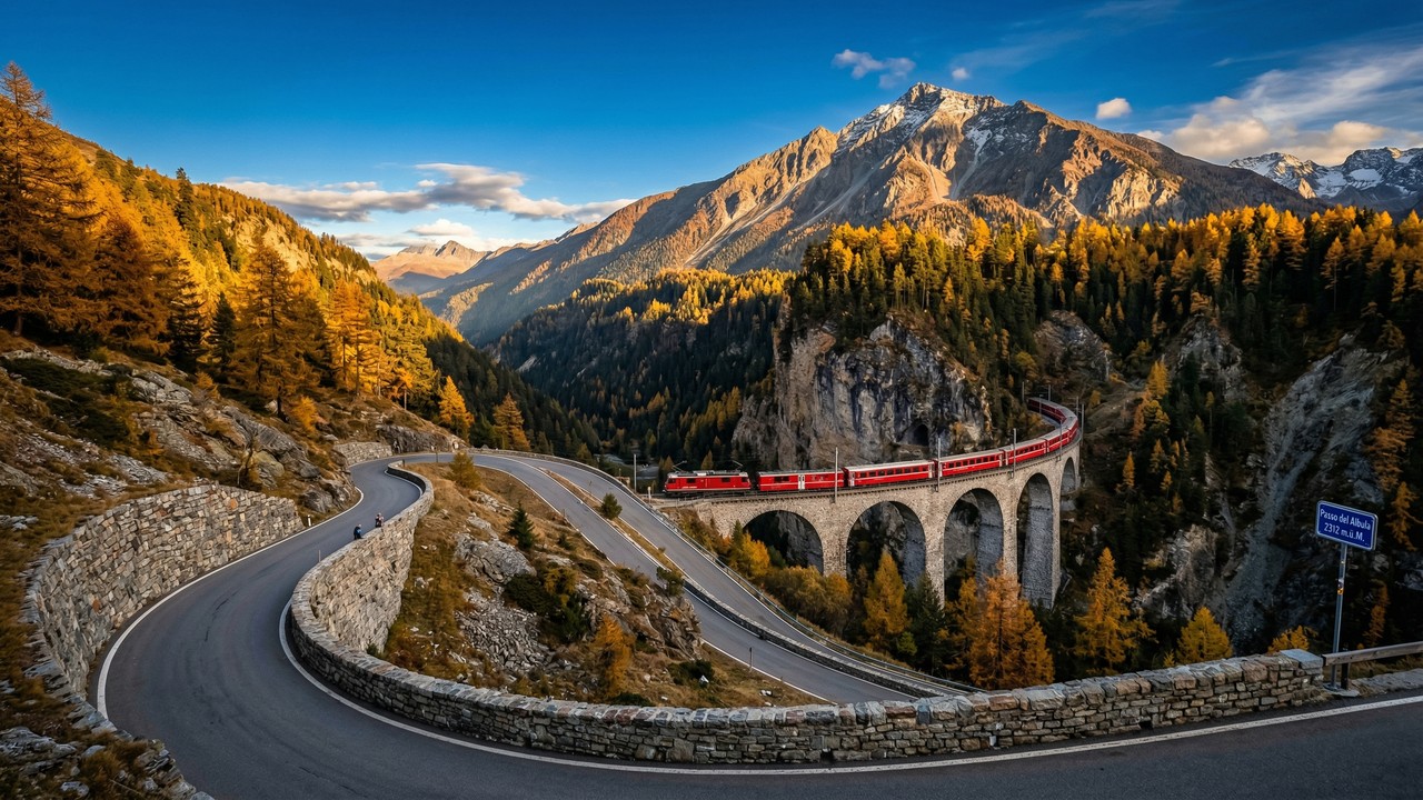Estrada na Suíça ganha fama por suas curvas a 2.312 metros de altitude, pois o trajeto de 1865 atravessa os Alpes ao lado da ferrovia mais bela do mundo
