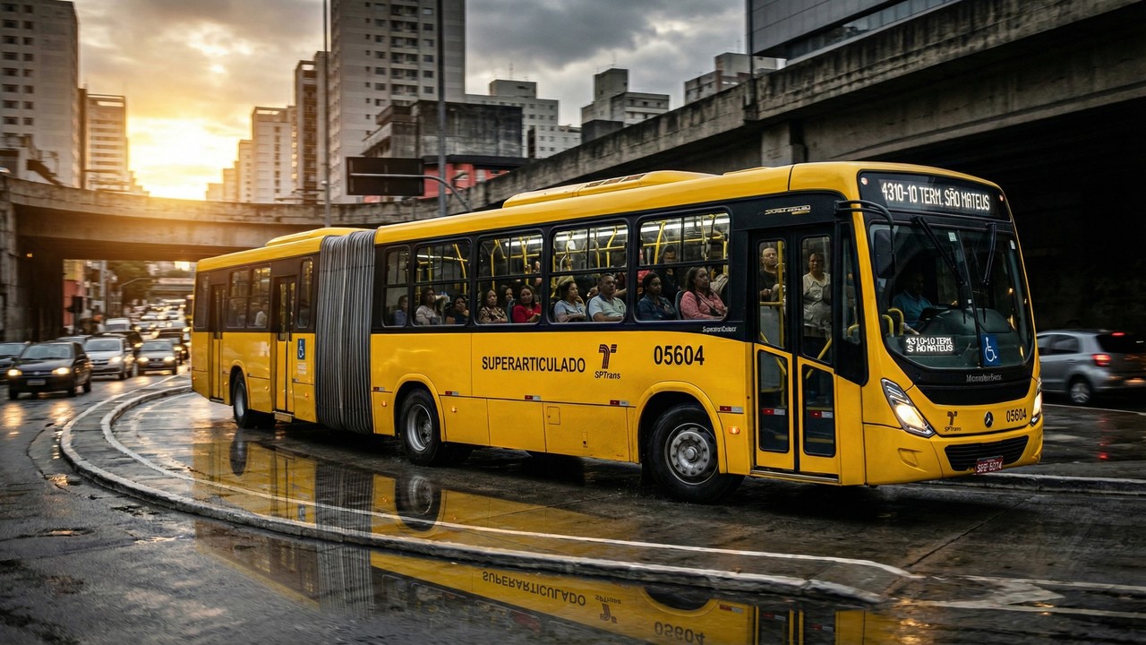 Com 23 metros de comprimento e o exclusivo quarto eixo direcional o gigante Mercedes-Benz O 500 UDA transporta 170 passageiros e faz curvas apertadas com a agilidade de um veículo curto