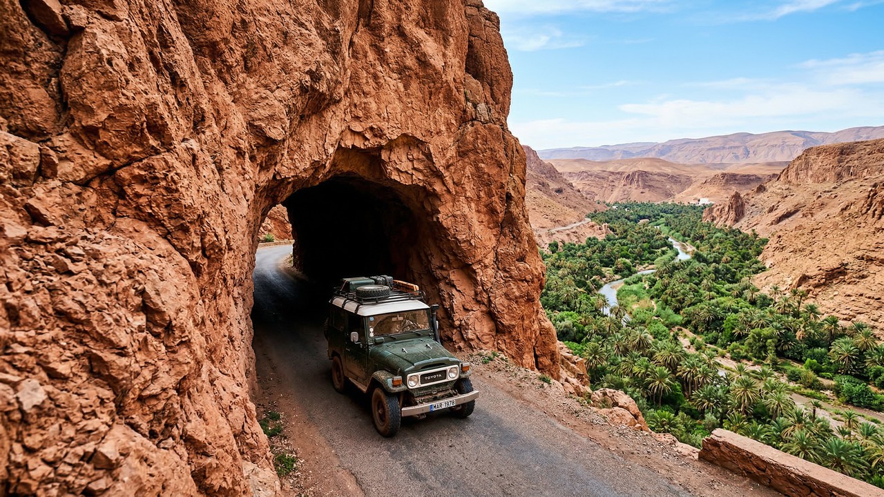 Rodovia no Marrocos ganha fama por seus túneis de 1928, pois seus desfiladeiros esculpidos no Atlas formam o portal para o deserto do Saara