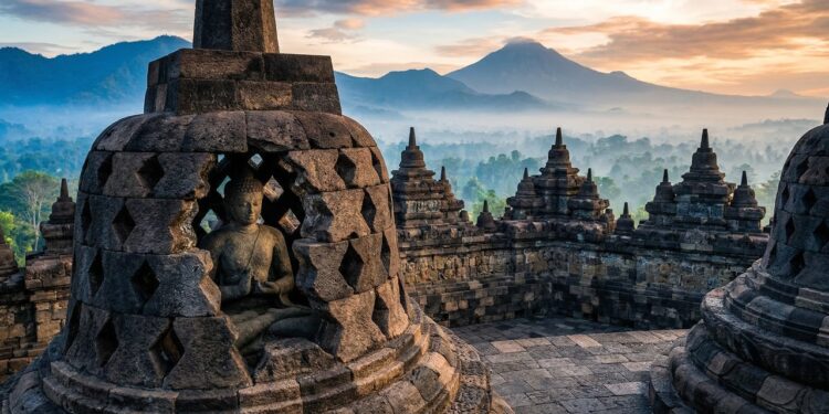 Com 504 estátuas de Buda e 2.672 painéis de relevo, o templo de Borobudur, do século IX, tornou-se o maior monumento budista de todo o planeta
