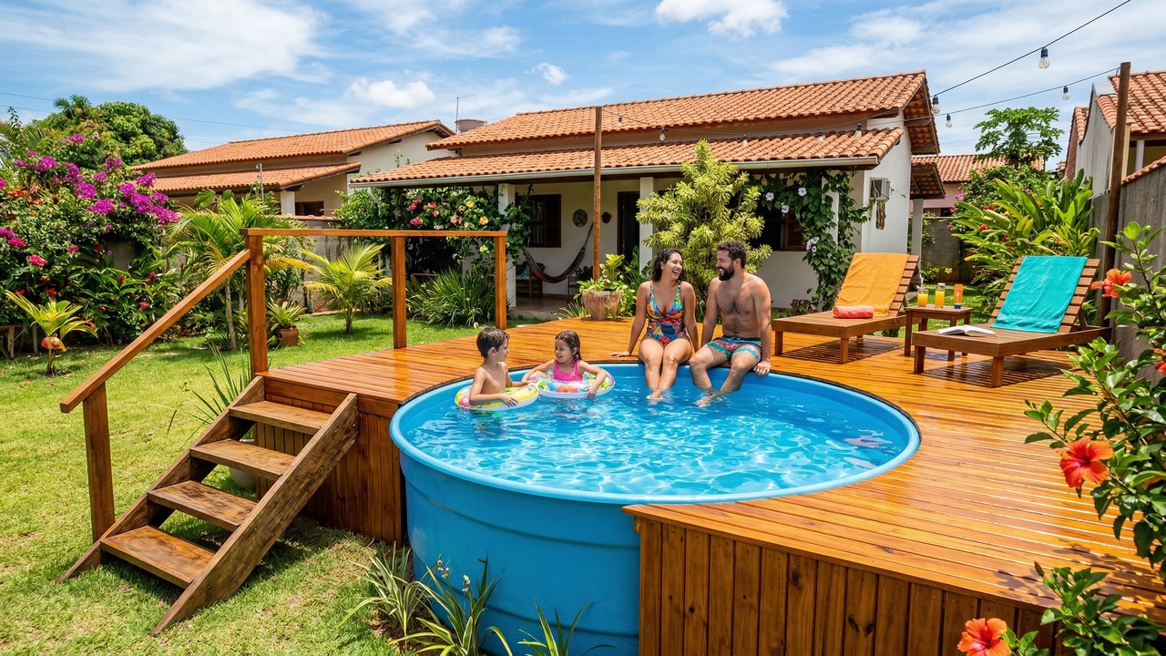 Diga adeus às piscinas caras e veja como uma caixa d’água vira área de lazer com estrutura reforçada e deck de madeira elegante