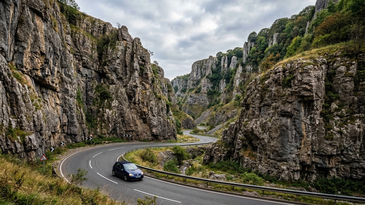 Rodovia na Inglaterra ganha fama por suas falésias de 137 metros, pois o trajeto de 1901 no desfiladeiro de Cheddar virou a rota mais cênica do país