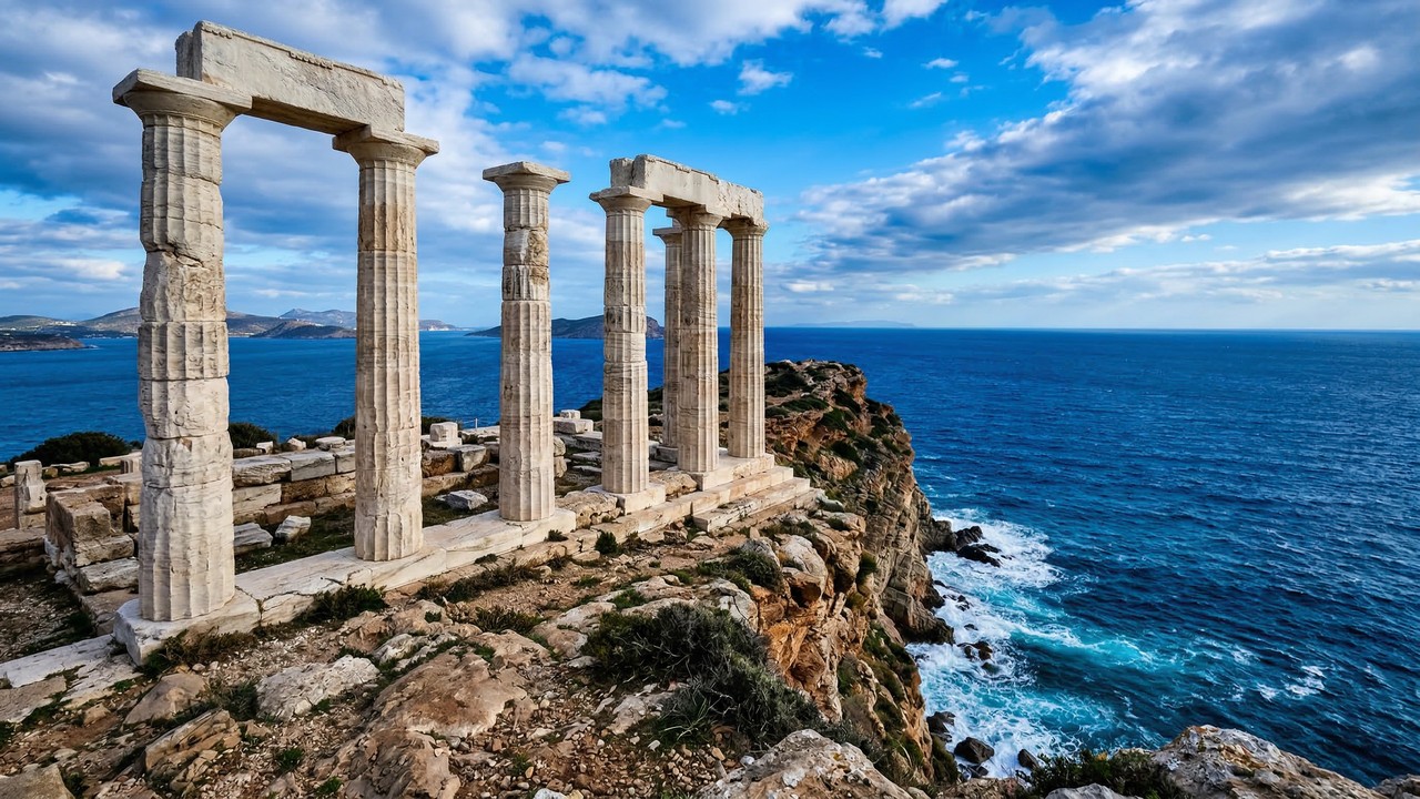 Com suas colunas dóricas de 440 a.C. situadas em um penhasco de 60 metros, o templo de Poseidon tornou-se o maior marco do horizonte marinho grego