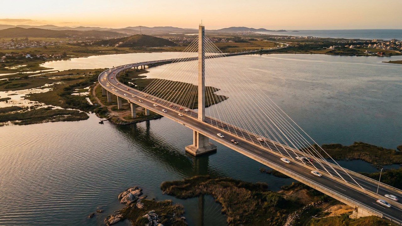 Com 2.830 metros de extensão e mastro central de 50 metros, a ponte estaiada de Laguna tornou-se um marco da engenharia da BR-101 em Santa Catarina
