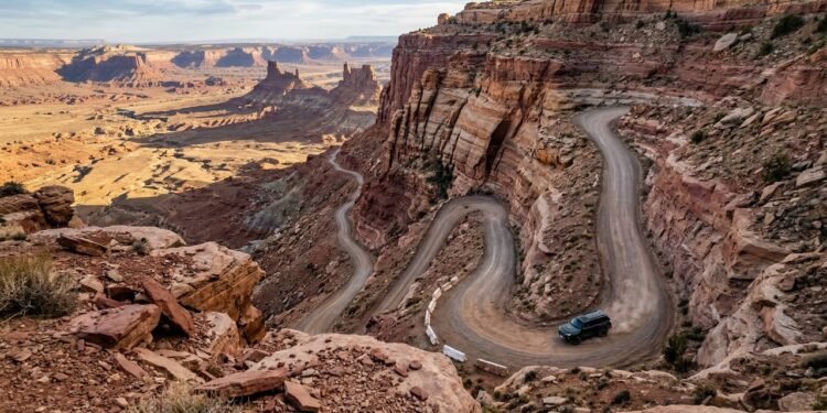 Estrada em Utah ganha fama por seus zigue-zagues, pois seus 5 km de cascalho esculpidos no penhasco descem uma inclinação de 10% no deserto