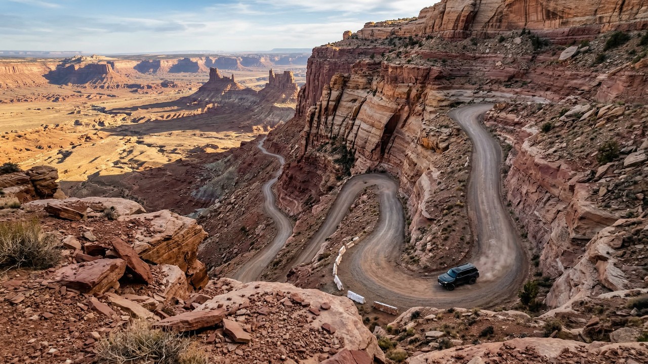Estrada em Utah ganha fama por seus zigue-zagues, pois seus 5 km de cascalho esculpidos no penhasco descem uma inclinação de 10% no deserto