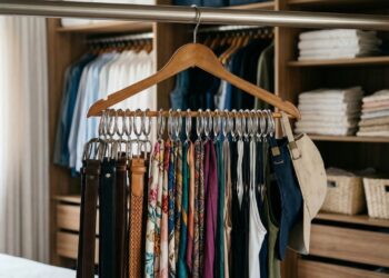 O truque de R$ 5 com argolas de cortina presas em um único cabide organiza dezenas de peças e libera até três gavetas do guarda-roupa em 10 minutos