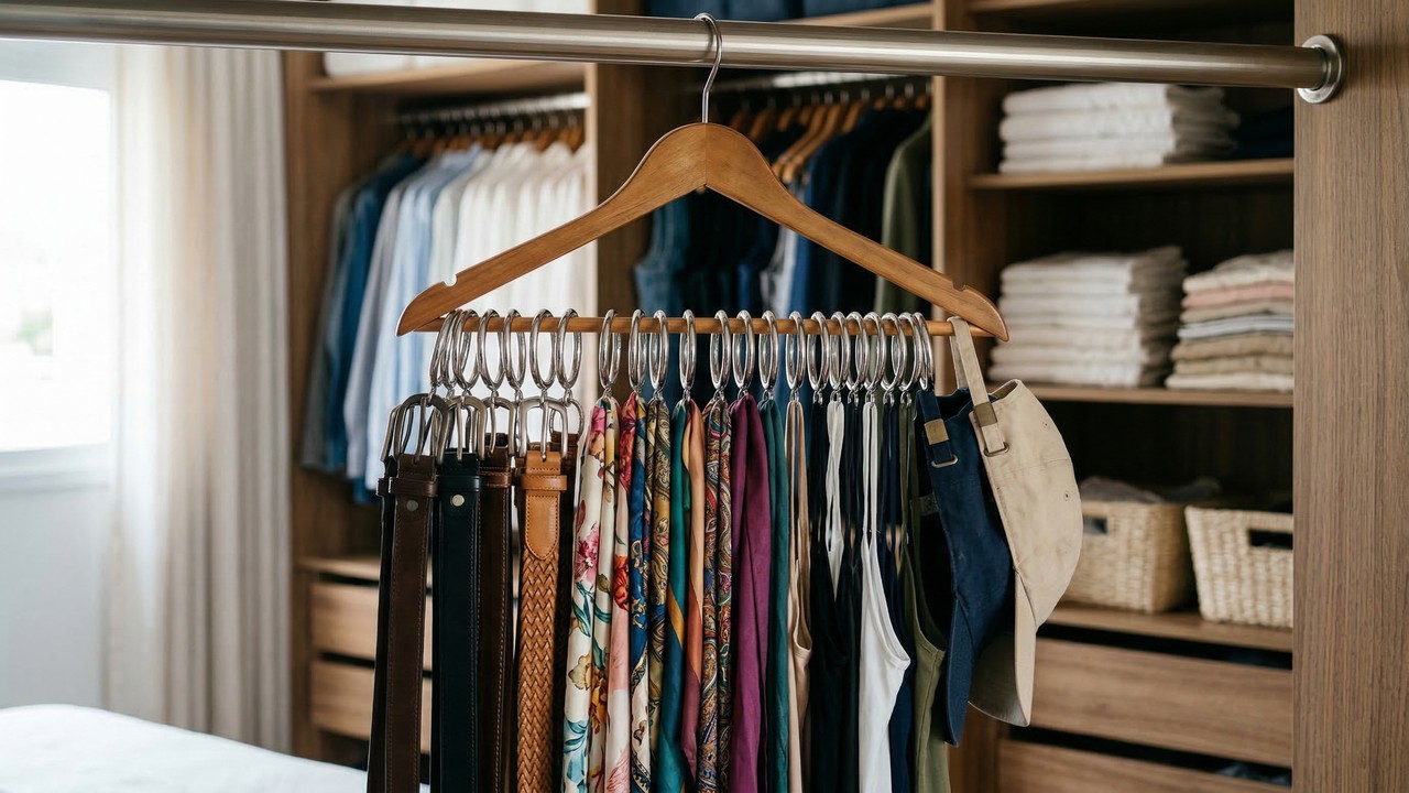 O truque de R$ 5 com argolas de cortina presas em um único cabide organiza dezenas de peças e libera até três gavetas do guarda-roupa em 10 minutos