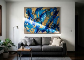 Trocar cinco quadros pequenos por uma peça de arte grande na parede principal reduz a poluição visual e faz a sala parecer até 30% mais larga