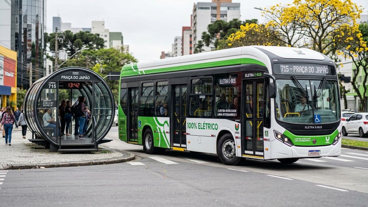 Produzido no Brasil o moderno Eletra e-Bus de 12 metros acomoda 70 passageiros e recarrega suas baterias em movimento aproveitando a energia das frenagens diárias