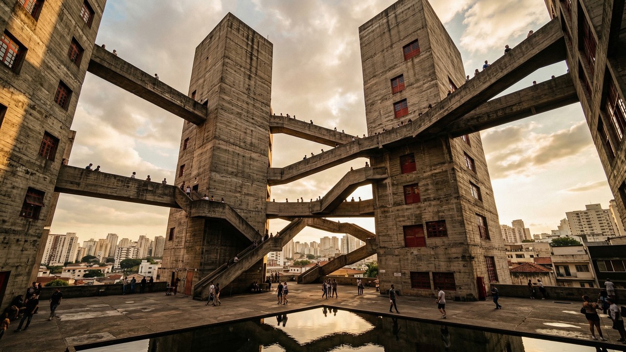 Com suas passarelas de concreto e torres de 45 metros, a obra de Lina Bo Bardi, de 1982, tornou-se o maior marco da arquitetura brutalista em São Paulo