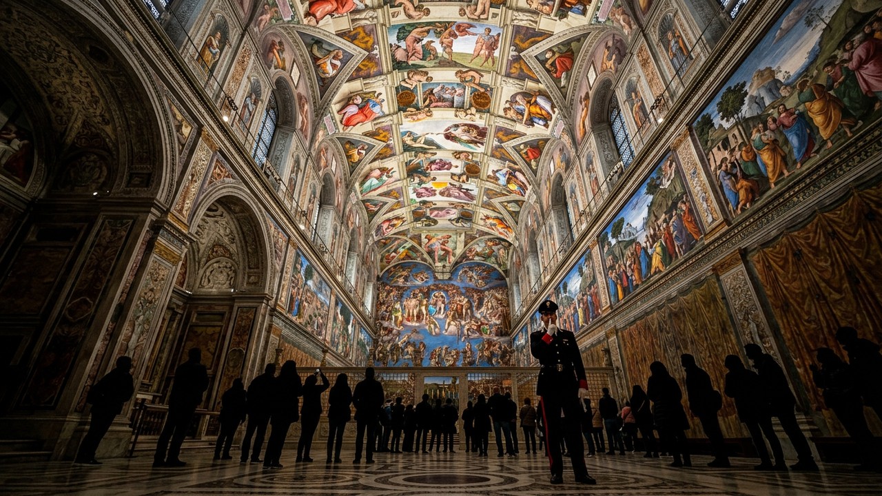Com seus 40 metros de extensão e afrescos de Michelangelo de 1512, a Capela Sistina tornou-se o maior tesouro da arte renascentista no Vaticano