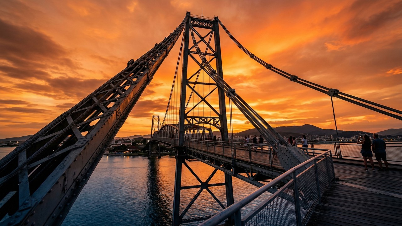 Com 821 metros de extensão e torres de 74 metros, a ponte pênsil de 1926 em Florianópolis tornou-se a maior de aço e o maior símbolo catarinense