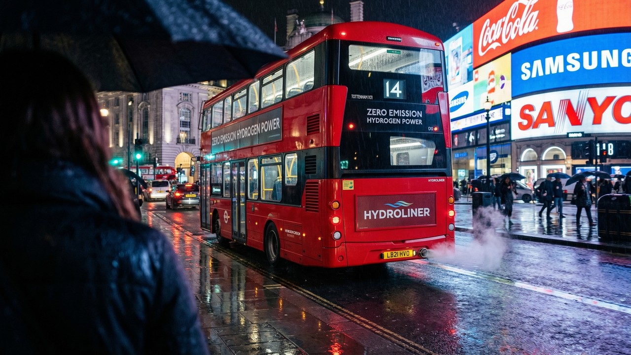 O primeiro ônibus de dois andares a hidrogênio Wrightbus StreetDeck abastece em apenas 8 minutos e cruza a cidade de Londres por 450 km liberando somente água no escapamento