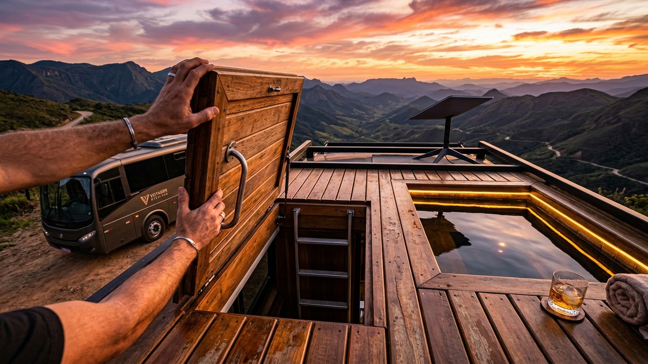 Casal transforma ônibus em mansão sobre rodas com 4 quartos, piscina e deck com energia solar e internet via satélite