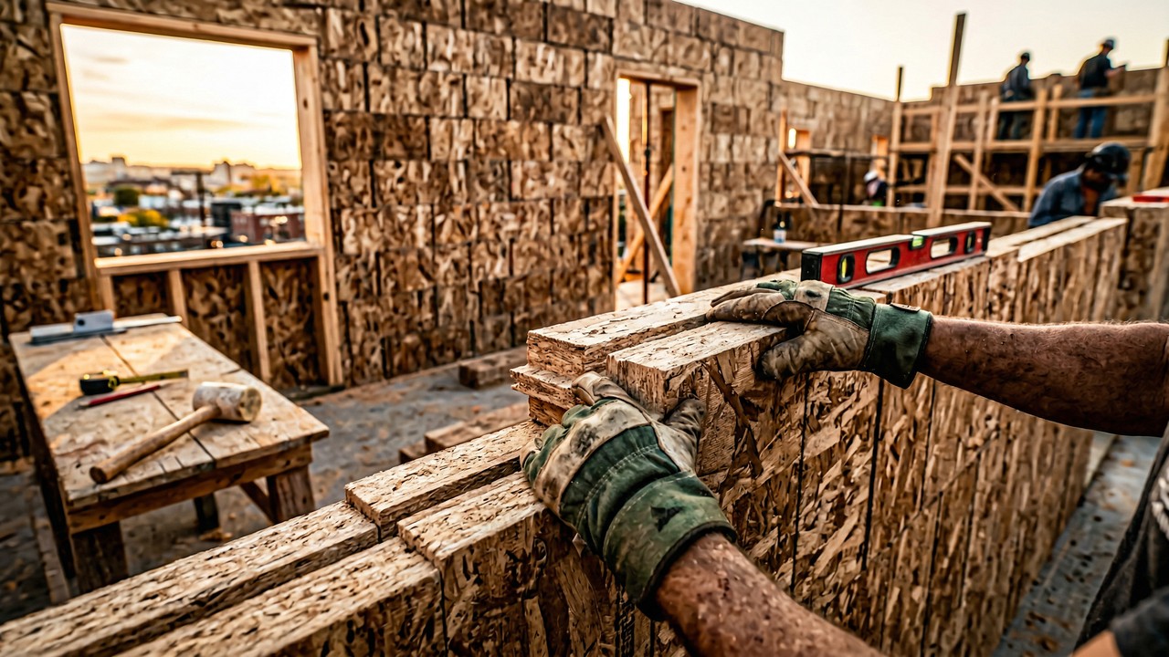 Homem constrói casa sem cimento usando blocos de madeira prensada que se encaixam como Tetris e desafia a engenharia tradicional